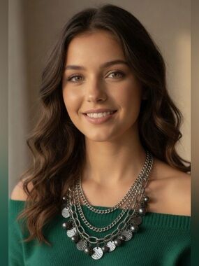 Silver Rocker Rebel Edgy Layered Bead Discs Coins Textured Chain Necklace